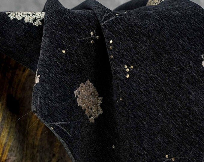 Retro Floral Chenille Jacquard Upholstery Fabric - Gold Thread, 60" Wide