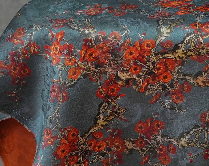55"W Ancient plum bossom Tea silk satin fabric, Digital print, Upholstery, Decor, Costume, Curtain, bag, Sewing, drapery, DIY/Fabric