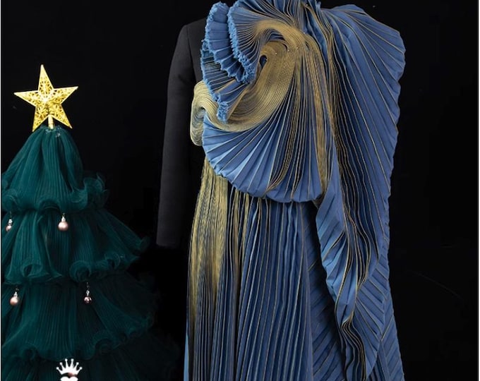 Creative texture Ocean blue foil accordion pleated fabric, hand-pressed crepe Designer Fabric, wedding Gowns, Long Dress, Crafts, Events