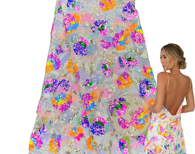 50“W Sequined floral bead embroidery, dress bag lace mesh fabric lace, Prom, Wedding, Doll Making, Sewing, DIY, Costume/ fabric