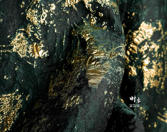 Green & Gold Textured Jacquard Fabric | 3D Embossed Brocade, 55" Wide