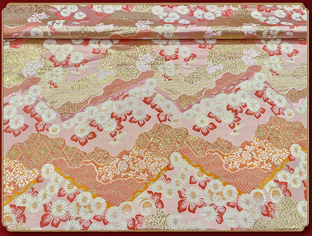Nishijin Japanese Fabric, Modern Pink Japanese Floral Jacquard Silk