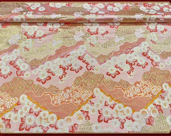 Nishijin Japanese Fabric, Modern Pink Japanese Floral Jacquard silk brocade by meter, 59” Width, Upholstery, Quilting, bag & Sewing fabric