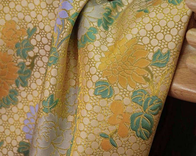 Japanese Kirin Nishijin Yellow Silk Brocade Fabric| 60“Wide | Upholstery, Decor, Costume, Curtain, Handbag, Sewing/Fabric by the meter