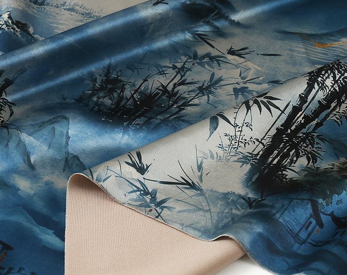 59"W Ancient Landscape tea silk satin fabric, Digital print, 2 colors, Upholstery, Decor, Costume, Curtain, bag, Sewing, drapery, DIY/Fabric