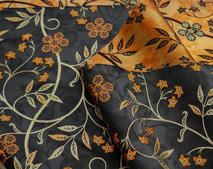 Reversible jacquard woven fabric, Japanese flower with embossed effects, Upholstery, bedding, Costume, Curtain, handbag, kimono/Fabric, 60"W