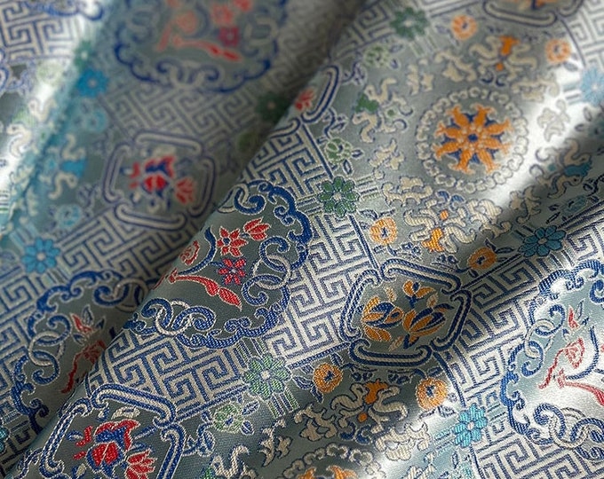 Silver Blue 55"W Song Brocade Chinese Wishful Window grilles Silk Brocade, Emperor Tibetan robe, cheongsam, drapery, Upholstery, DIY, sewing