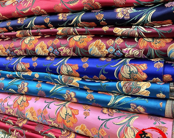 29.5" Wide Chinese tulip and Rhododendron fabric handmade brocade, 7 colors cheongsam Qipao fabric, Quilting Sewing Dolls DIY Fabric on SALE