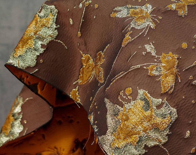 Embossed Butterfly Brocade Fabric: Gold Thread Jacquard Ink Splash - Sewing Material