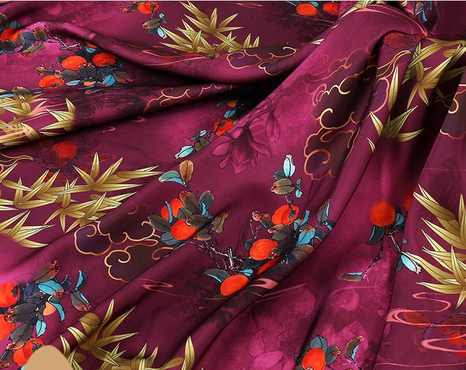 59"W Tea silk satin fabric, Digital print, 3 colors, Sewing fabric, Upholstery, Decor, Costume, Curtain, bag, Sewing, Cosplay, DIY/Fabric