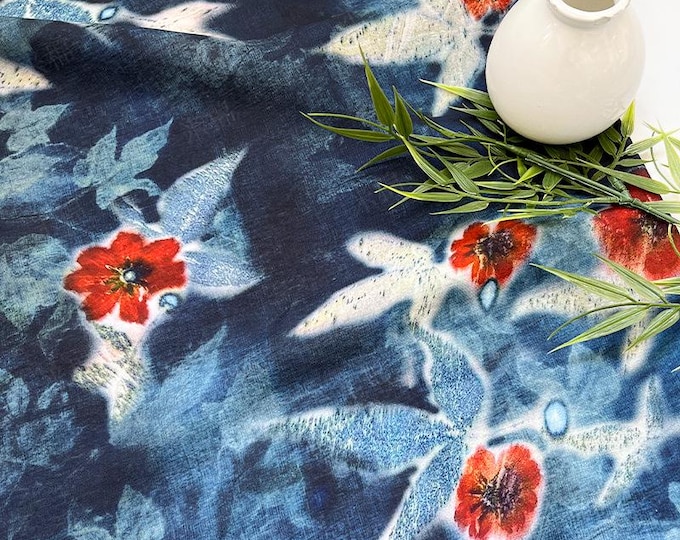 Indigo Butterfly Floral Cotton Fabric – Red Accent Print, 59" Wide