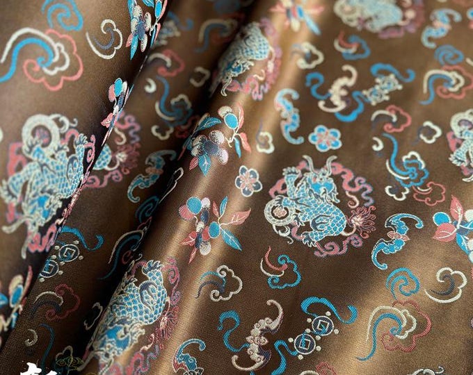 Coffee Rayon Silk Brocade Fabric – Kirin Fortune Pattern, 29" Wide