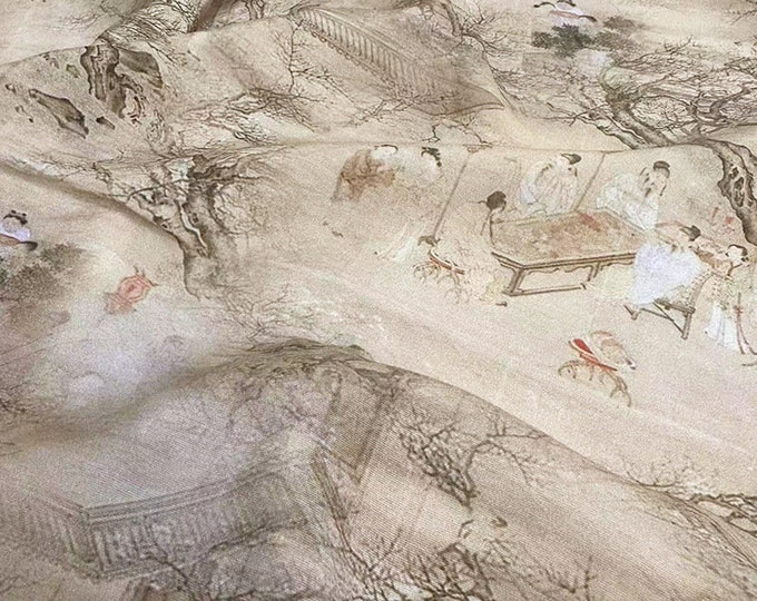 Tencel Ramie Printed Fabric, ancient ladies , Sewing Fabric for Dress, Kimono, decor, Upholstery, Costume, bag, DIY, curtain, by 1 meter