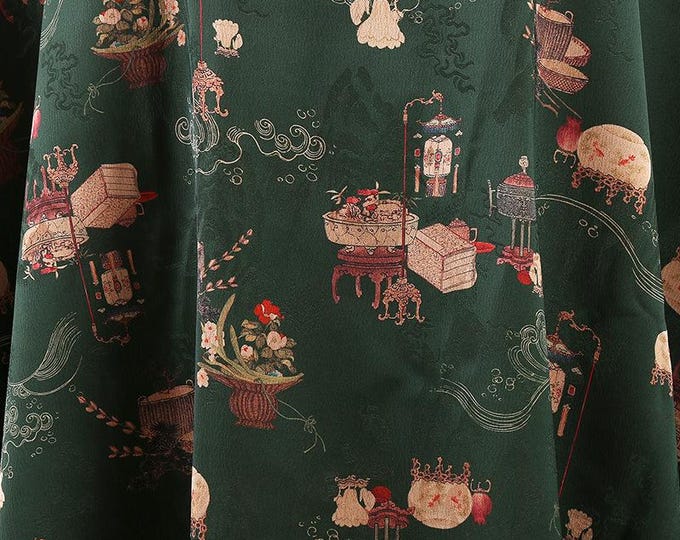 59"W Ancient ladies Tea silk satin fabric, Digital print, 3 colors, Sewing fabric, Upholstery, Decor, Costume, Curtain, bag, Sewing/Fabric