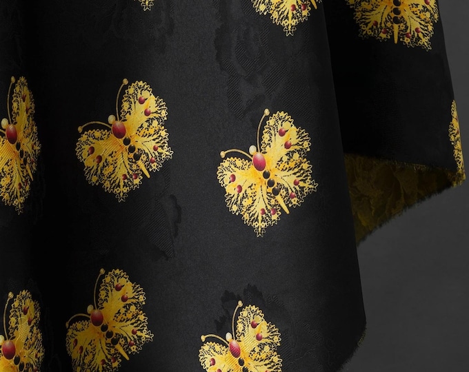 Black & Gold Butterfly Silk Jacquard Fabric: Cheongsam Hanfu Material