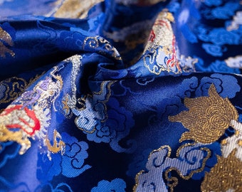 Chinese Dragon & Kirin Brocade Fabric: Blue Rayon, 55" Wide