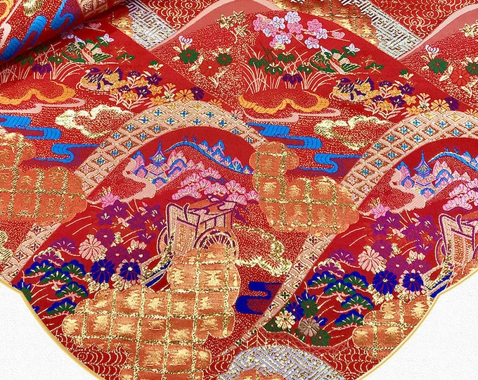 59"W Ancient Chinese Ink painting mandarin duck bridge and running water pattern Foli Brocade - 4 colors, Upholstery, Quilting, Sewing