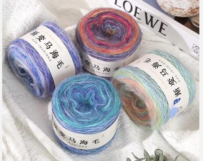 Rainbow Hand-Dyed Mohair Silk Yarn – Kid Mohair Lace Knitting Yarn, Colorful Gradient Rainbow DIY Hand Knitted Wool Ball, Sold by Ball