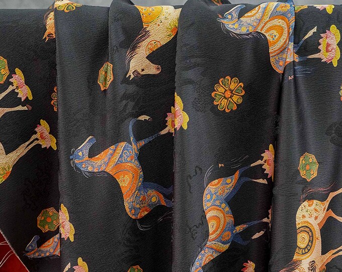 Horse Jacquard Tea Silk Fabric, Chinese Symbolic Textile, 59"W