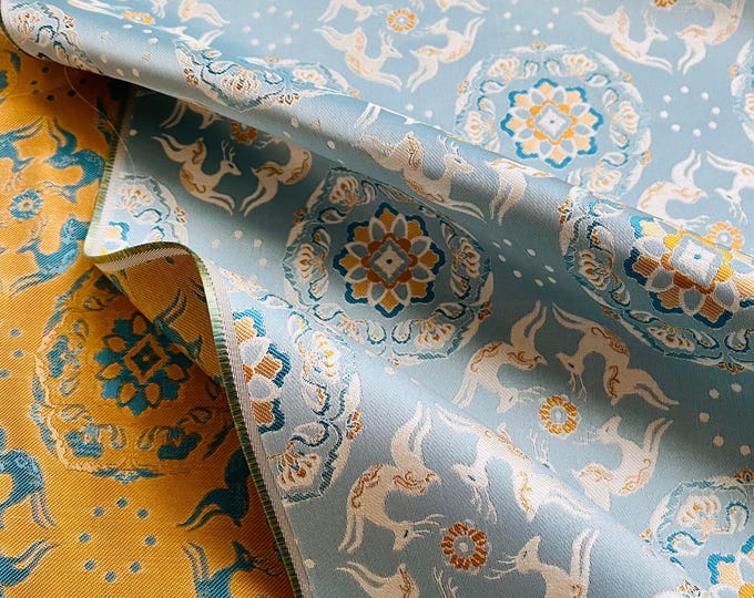 59“W Blue Mongolian & Tibetan Long Gown Brocade Fabric, Sewing, Wedding, wall decor, Cushion, Sofa, Table Runner, Pillow/Fabric by one meter