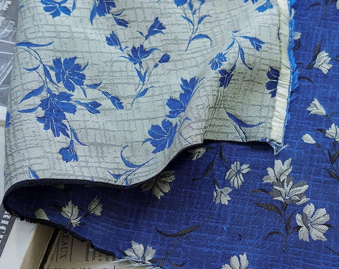Japanese Floral Jacquard Fabric: Blue Retro Designer Upholstery (63"W, Meter Cut)