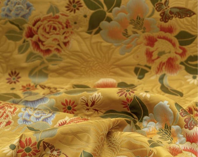 55"W big peony Brocade Fabric, Luxurious Fabric for Home Décor, Traditional Textiles, Kimono, Drapery Fabrics by 1 meter, Upholstery Supply