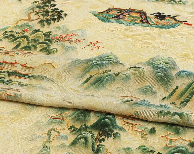 Breathable Light Green Landscape Shimmer Brocade Jacquard Fabric, 59" Wide, 3 patterns