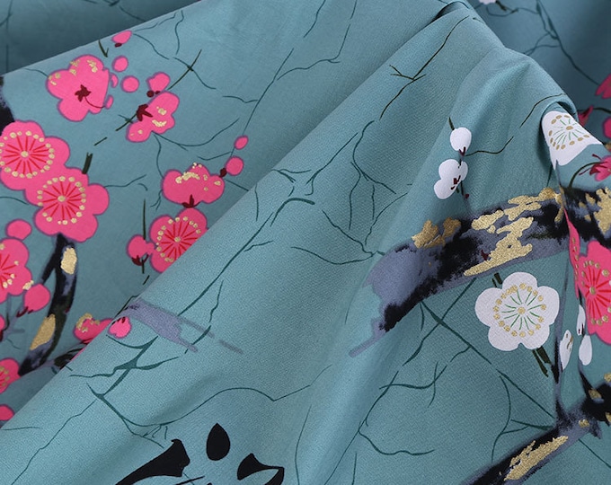 Japanese Printed Fabric, 100% Cotton, Flower pattern, Sewing Fabric for Dress, Kimono, home decor, Upholstery, Costume, handbag by 1 meter