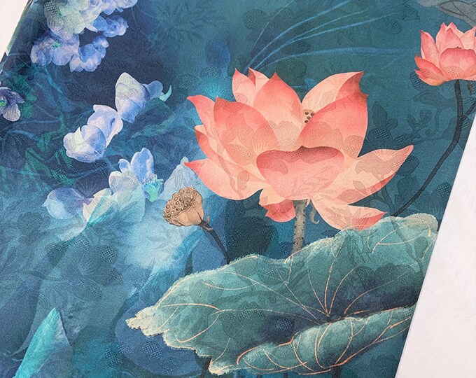 55"W ink painting lotus flower dill botanical print fabric, Shawl, Upholstery, Decor, Costume, Curtain, Handbag, Sewing/Fabric by the meter