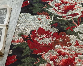 3D Peony Brocade Fabric with Gold Threads: Vintage Jacquard, 56" Wide