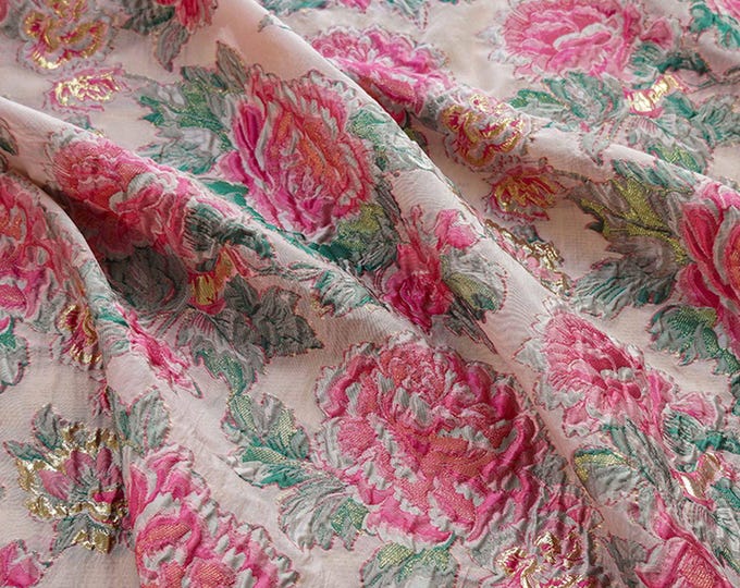 Embossed flower Jacquard Fabric 3D Gold thread Design, 55"W, Upholstery, Decor, Costume, Curtain, Handbag, Sewing, DIY/Fabric by the meter