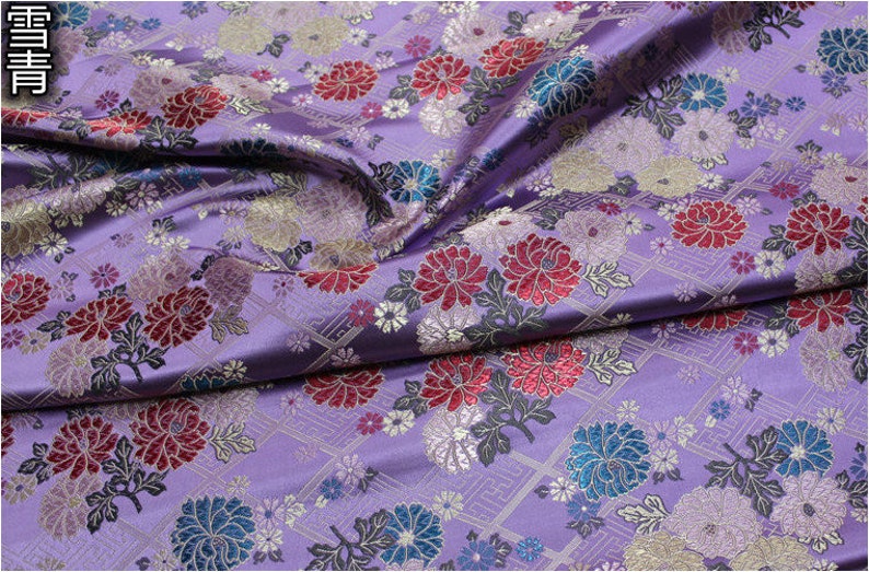 Japanese Fabric, Modern Japanese Floral Jacquard silk brocade by the meter, 29.5 Width, 5 colors On SALE Purple