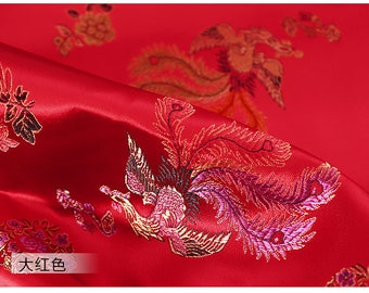 China Red Phoenix Brocade Fabric,39 » et 53"W Brocart tissu, Robe de mariée, cheongsam, filature Tissu, soie, satin et brocart