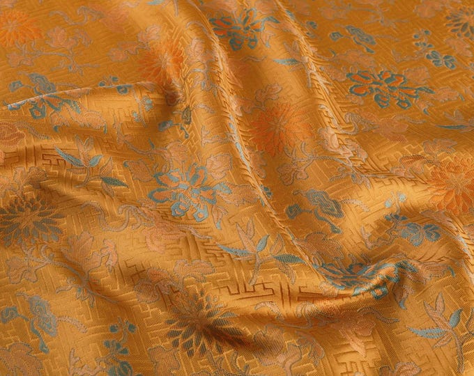 59"W Orange Dunhuang Brocade, Tibetan robe, cheongsam, Upholstery, Decor, Costume, Curtain, Handbag, Sewing, drapery /Fabric by the meter