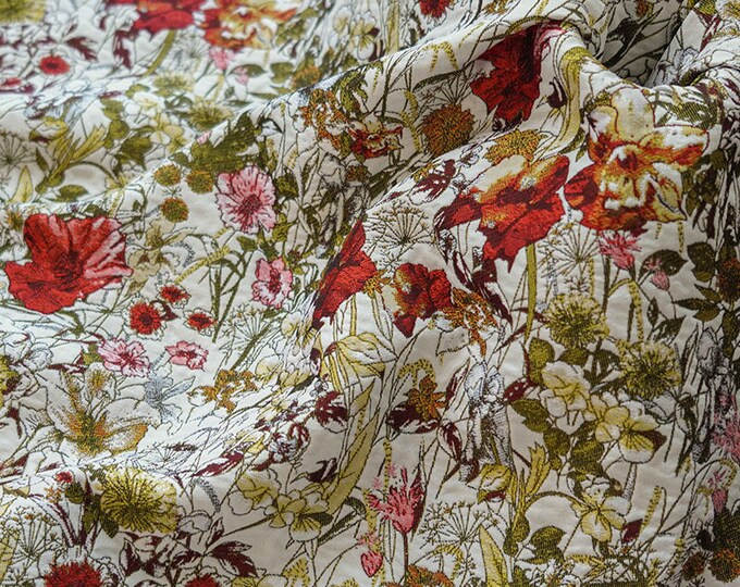 Reversible jacquard woven fabric, Japanese flower with embossed effects, Upholstery, Decor, Costume, Curtain, bag, DIY, kimono/Fabric, 59"W