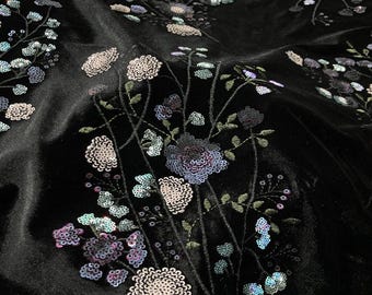 Velvet-Base Botanical Multicolor Sequin Embroidery Fabric, 49"Wide