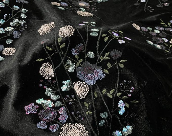 Velvet-Base Botanical Multicolor Sequin Embroidery Fabric, 49"Wide