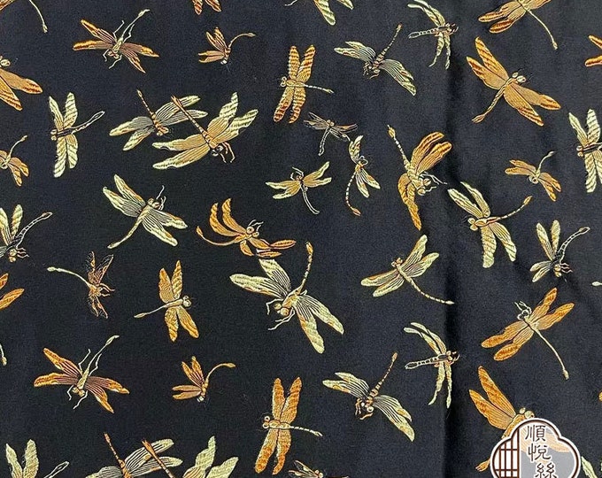 29.5"W Pure natural silk, dragonfly Silk Brocade, Jacquard mulberry silk Damask fabric, Upholstery, Decor, Costume, Sewing cheongsam dress