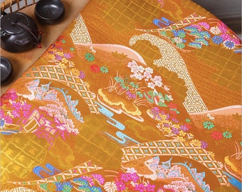 59"W Gorgeous Japan Ancient Architecture Hundred Flowers Jacquard Brocade Fabric, Curtain/Dress DIY Sewing Fabric, Home Furniture Fabric