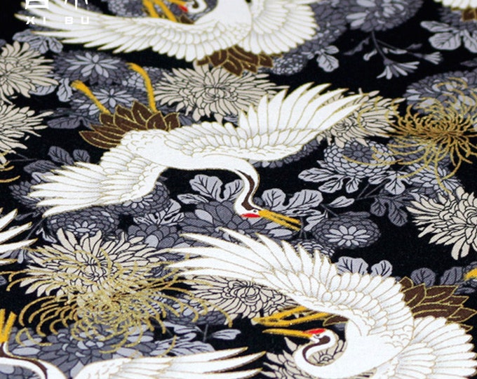 Japanese-inspired fabric 100% cotton fabric by the meter, 59"W Bronzing Gold Crane patterns, upholstery drapery Sewing fabric