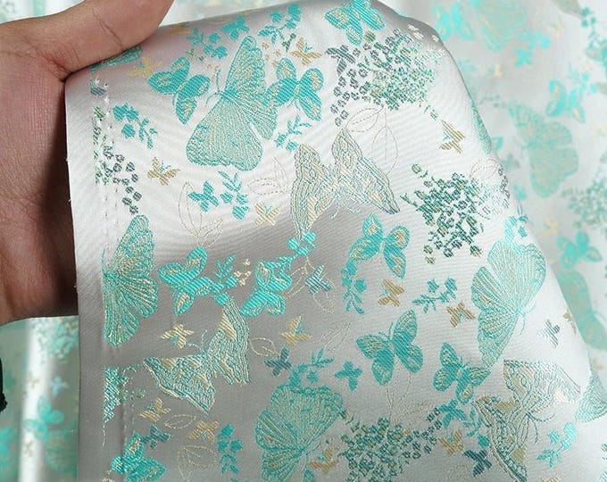 58"W teal green Silk Brocade Butterfly Floral Chinese Traditional Wedding Brocade Jacquard Rayon + Silk fabric, home decor on Sale Clearance