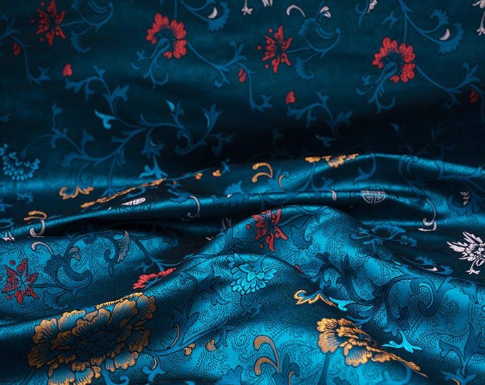 Peacock blue small flower silk brocade fabric, Upholstery, Decor, Costume, Curtain, Handbag, Sewing/Fabric by the meter, 29.5"W