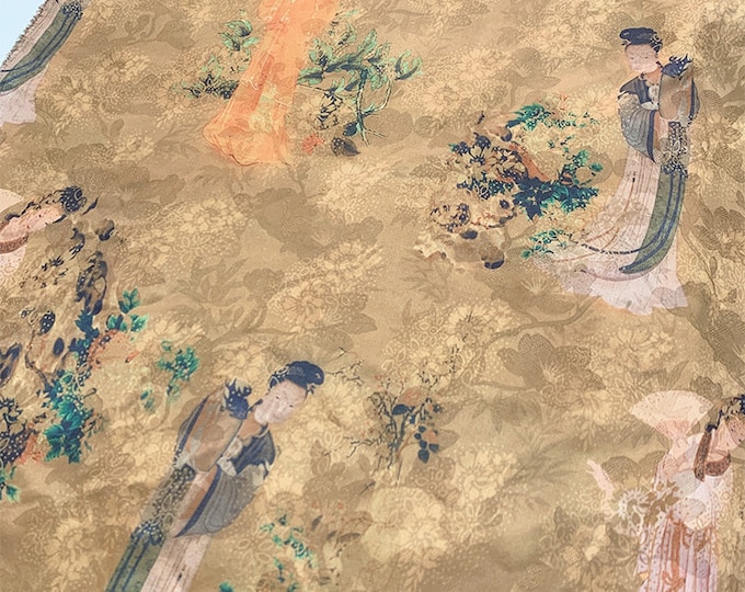 57"W ancient ladies cloud yarn flower dill print fabric, Breathable both sides, Sewing fabric, Upholstery, Decor, Costume/Fabric by the yard