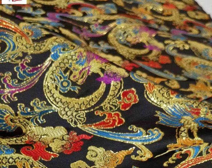 Chinese Emperor Queen and King Wedding Cheongsam Fabric, Embroidery Gold, Phoenix pattern, Silk brocade, 29.5"W, Sewing, Home Decor/fabric
