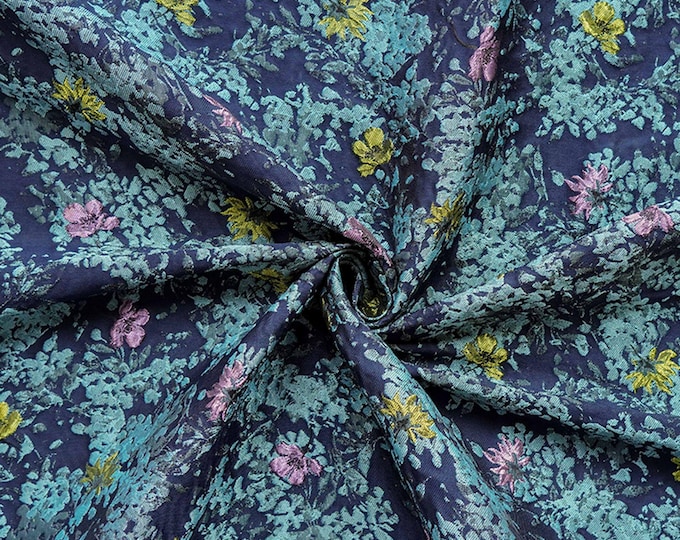 Blue Floral Embossed Jacquard Fabric: DIY Handbag & Upholstery Material (64" Wide)