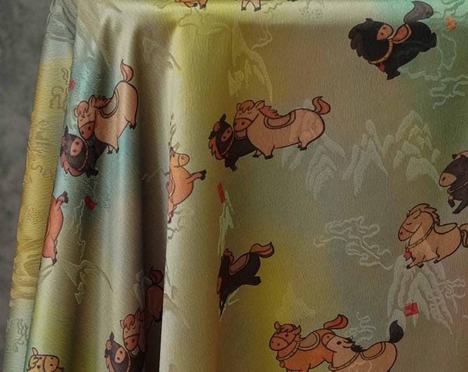 59"W colorful pony Tea silk satin fabric, Digital print, Sewing fabric, Upholstery, Decor, Costume, Curtain, bag, Sewing/Fabric