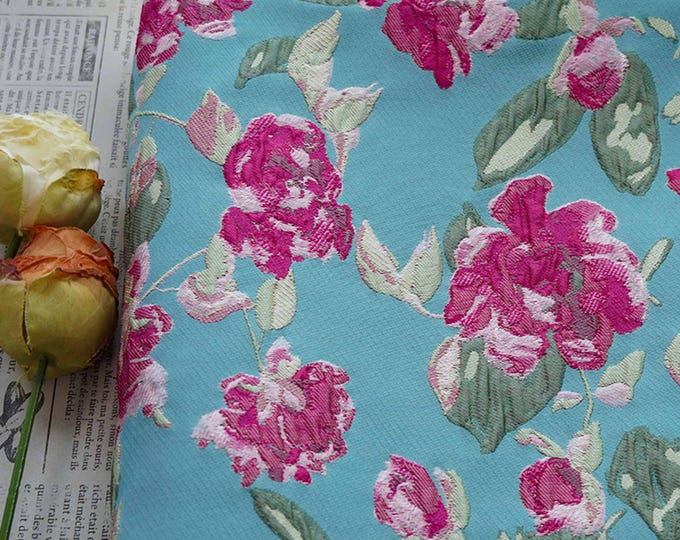 Blue Floral Embossed Jacquard Fabric – 3D Textured, 55" Wide