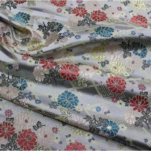 Japanese Fabric, Modern Japanese Floral Jacquard silk brocade by the meter, 29.5 Width, 5 colors On SALE White