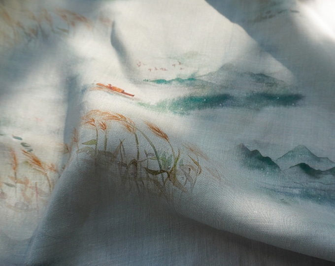 100% Ramie Fabric fengshui drawing For Clothing & Home Textile, 55“W, Upholstery, Costume, Curtain, bag, Sewing, Scarf/Fabric by the meter