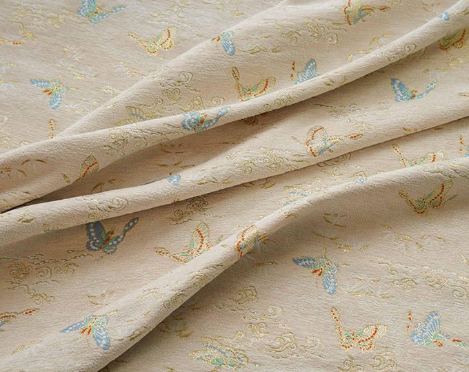 57"W Chenille Fabric Elegant beige Jacquard Fabric, foil butterfly, Upholstery, Decor, Costume, Curtain, Quilting, Sewing/Fabric by meter
